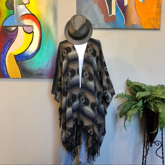 French Laundry Jackets & Blazers - French Laundry Aztec Print Cape/Poncho With Fringe